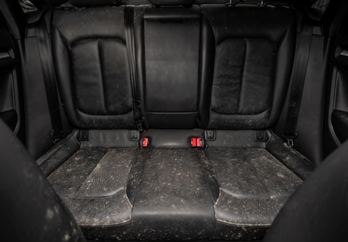 Interior de coche antes de la limpieza con suciedad acumulada y sensación de uso